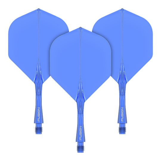 System wałów lotniczych Winmau Fusion Standard Blue Das Bild zeigt drei blaue Dart-Flights mit Schäften des Winmau Fusion Flight Shaft Systems. Sie sind in einer Reihe angeordnet und jeder Schaft ist 22 mm lang.