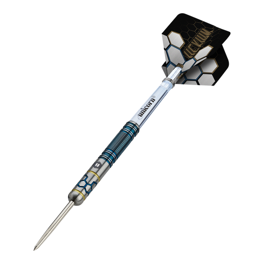 Unicorn Hexium Style 02 Niebieskie i złote Steeldarts Das Foto zeigt die Unicorn Hexium Style 02 Blue & Gold Steeldarts. Es handelt sich um hochwertige Steeldarts in Blau und Gold.