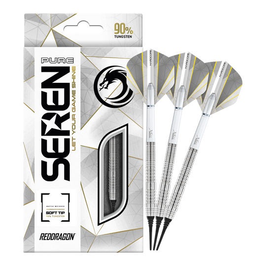 Das Bild zeigt das Produkt "Red Dragon Seren 2 Pure Softdarts - 20g" mit drei silbernen Softdarts. Die Verpackung hebt hervor, dass die Darts aus 90% Tungsten bestehen.