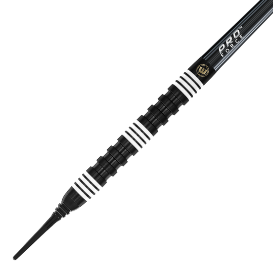 Das Bild zeigt einen Winmau Danny Noppert 85 Pro-Series Softdart mit einem Gewicht von 20g. Der Dart ist schwarz mit mehreren weißen Ringen und hat eine strukturierte Griffzone.