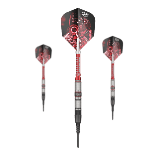 DW Piranha Razor 02 Softdarts Das Bild zeigt drei Softdarts des Produkts „DW Piranha Razor 02“. Die Darts haben ein schwarzes und rotes Design mit metallischen Elementen.