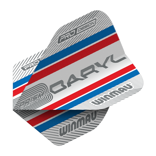 Winmau Alpha Daryl Gurney Gurney 85 Standard Flights Das Bild zeigt die Winmau Alpha Daryl Gurney 85 Standard Flights für Dartpfeile. Die Flights sind silberfarben mit blauen und roten Streifen sowie verschiedenen Aufschriften wie "DARYL" und "WINMAU".