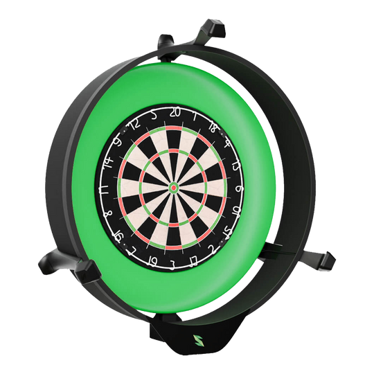 Elektroniczny system autopunktacji Scolia Home 2 z pierścieniem świetlnym 2026 Das Bild zeigt das Produkt "Scolia Home 2 Electronic Score System mit Beleuchtungsring". Es handelt sich um ein elektronisches Punktesystem für Dartscheiben mit einem leuchtenden grünen Ring.