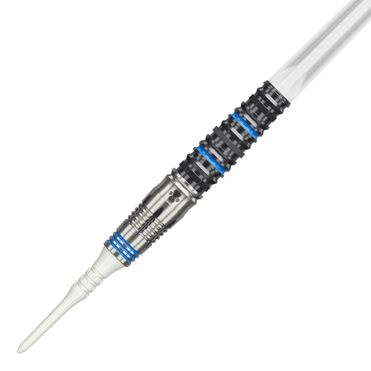 Das Bild zeigt einen Softdart der Marke Target Japan, Modell Airi Hirano Charm Kanon GEN4 mit einem Gewicht von 17,5g. Der Dartpfeil ist silberfarben mit schwarzen und blauen Akzenten gestaltet.