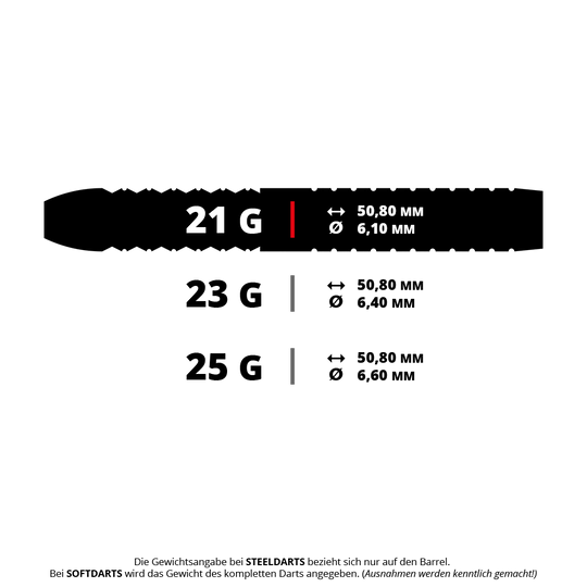 Misja Matt Edgar Steeldarts Das Bild zeigt drei verschiedene Steeldarts mit den Gewichten 21 g, 23 g und 25 g. Zu jedem Dart sind die Länge von 50,80 mm und der jeweilige Durchmesser angegeben.