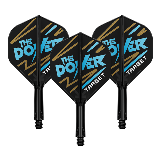 System wału lotniczego Target K-Flex Phil Taylor No2 Standard Auf dem Bild sind drei Dartflights mit schwarzem Hintergrund zu sehen. Auf den Flights steht in blauer und weißer Schrift "THE POWER" und unten "TARGET".