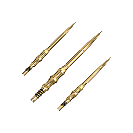 Eine Packung Apex Spire Gold Elite Series Dartspitzen wird gezeigt. Die Spitzen sind goldfarben.