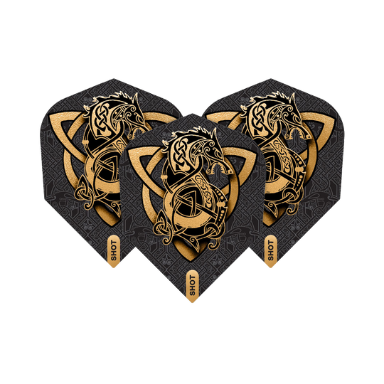 Shot Viking Wolf nr 6 Flights Das Bild zeigt drei Dartflights des Produkts "Shot Viking Wolf No6 Flights". Sie sind schwarz mit einem goldenen, wikinger-inspirierten Wolfsmotiv verziert.