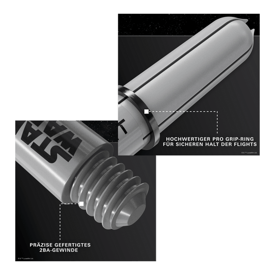 Wałki Target Star Wars ProGrip – szare Gezeigt wird das Produkt Target Star Wars ProGrip Shafts - Grau. Die robusten Dartschäfte sind in Grau gehalten.