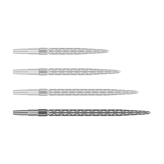 Końcówki do lotek Target Swiss Diamond Pro Silver Points Auf dem Bild sind vier silberne Dartspitzen mit einem rautenförmigen Muster zu sehen. Sie liegen waagerecht und sind gleichmäßig angeordnet.