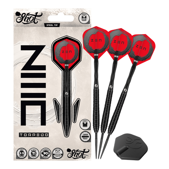 Shoty ZEN Torpedo Turbo Point Steel Darts - 23g Auf diesem Bild sieht man die Shot ZEN Torpedo Turbo Point Steeldarts mit 23g komplett. Das Design betont ihre hochwertige Verarbeitung.