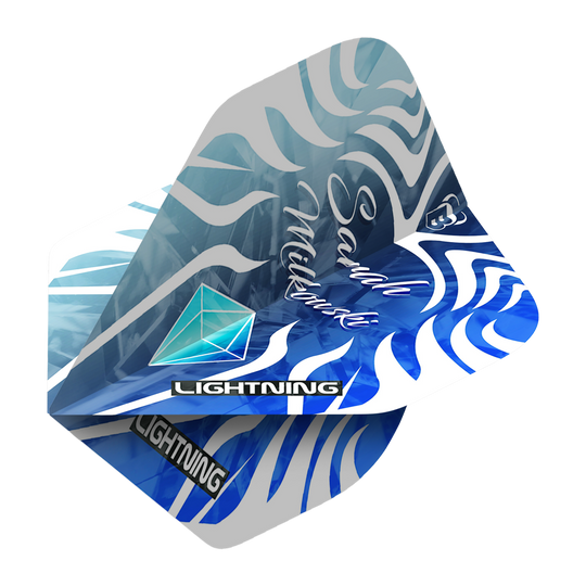 Das Bild zeigt die Bulls Lightning Sarah Milkowski No2 Standard Flights. Die Flights haben ein blau-weißes Zebramuster mit dem Schriftzug „Sarah Milkowski“ und dem Wort „LIGHTNING“ darauf.