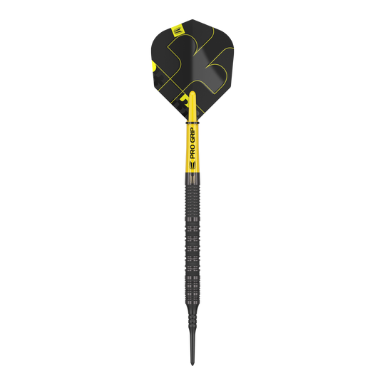 Target Bolide Void 10 miękkich rzutek Das Bild zeigt einen Target Bolide Void 10 Softdartpfeil. Der Pfeil ist schwarz mit gelben Akzenten und hat einen Pro Grip Schaft.