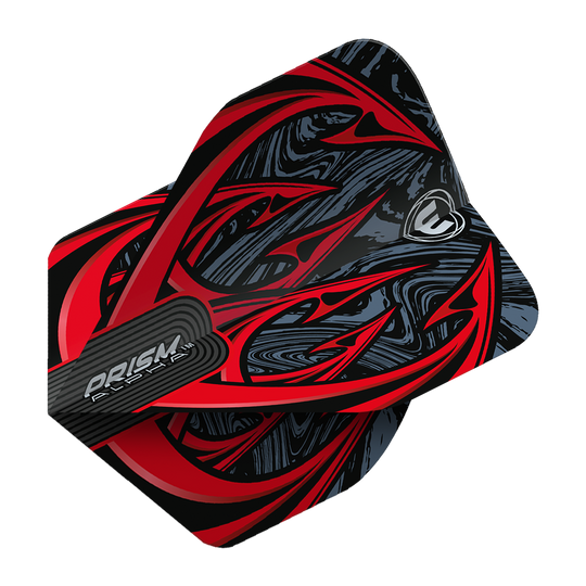 6915-195_Winmau_Prism_Alpha_Diablo_Standard_Flights_29OVmw7fLKfdjn Das Bild zeigt die Winmau Prism Alpha Diablo Standard Flights. Sie haben ein auffälliges Design in Schwarz, Rot und Grau mit abstrakten Mustern.
