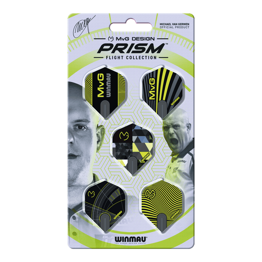 Hier ist die Winmau Michael Van Gerwen Prism No2 Standard Flight Collection zu sehen. Die Sammlung bietet verschiedene Dart Flights.