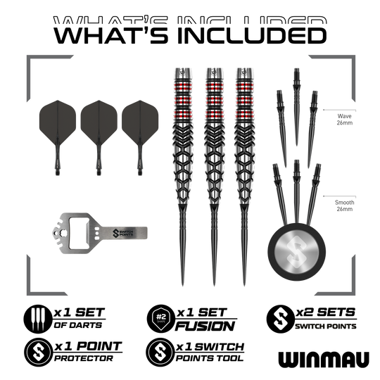 Abgebildet sind die Winmau Fornax Torpedo Switch Points Steeldarts. Sie zeichnen sich durch ihr innovatives Design und hochwertige Verarbeitung aus.