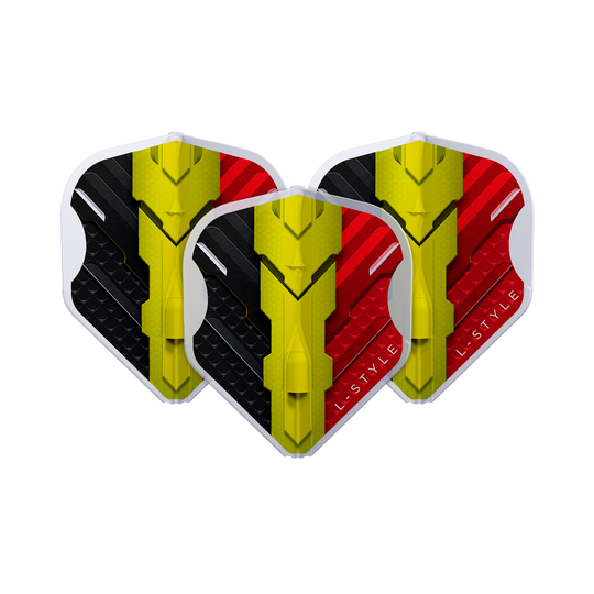 L-Style V-Series V1 Typ C Belgia Przezroczysta biel L1EZ Loty Das Bild zeigt drei Dart-Flights des Modells "L-Style V-Series V1 Type C Belgium Clear White L1EZ Flights". Die Flights sind in den Farben Schwarz, Gelb und Rot gestaltet und zeigen ein modernes Design.