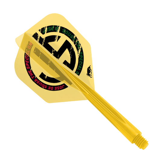 Condor AX Jose De Souza Special One Inspiration Flight System – Żółty – Mały Das Bild zeigt ein gelbes Dart-Flight-System mit der Aufschrift "Jose De Sousa Special One". Das Produkt trägt den Namen "Condor AXE Jose De Souza Special One Inspiration Flight-System - Gelb - Small".