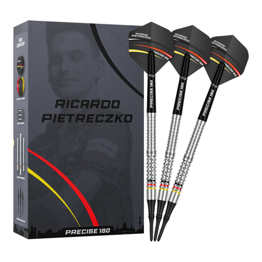 Precise 180 Ricardo Pietreczko GEN1 miękkie lotki Gezeigt werden die Precise 180 Ricardo Pietreczko GEN1 Softdarts. Diese Softdarts zeichnen sich durch ihre Präzision aus.