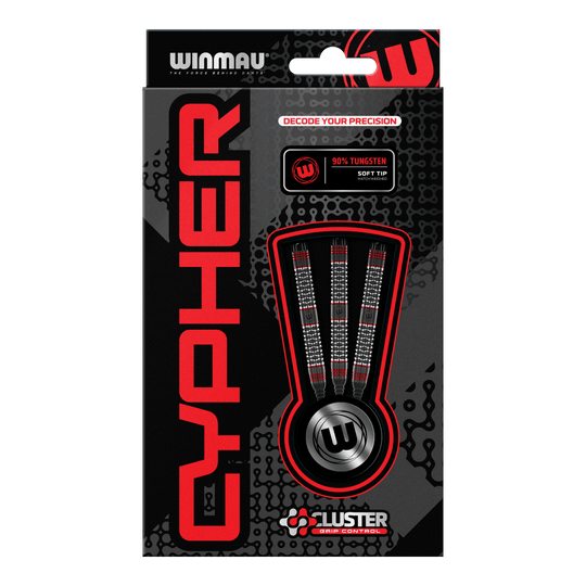Winmau Cypher Softdarts - 20g Die Abbildung zeigt die Verpackung der Winmau Cypher Softdarts mit 20 Gramm Gewicht. Die Darts bestehen zu 90% aus Wolfram und verfügen über spezielle Griffkontrolle.