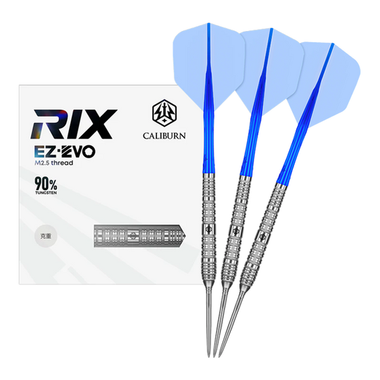 Das Foto zeigt die Caliburn Rix EZ-EVO R4 Steeldarts in voller Ansicht. Die Darts sind modern gestaltet und für professionelle Spieler geeignet.