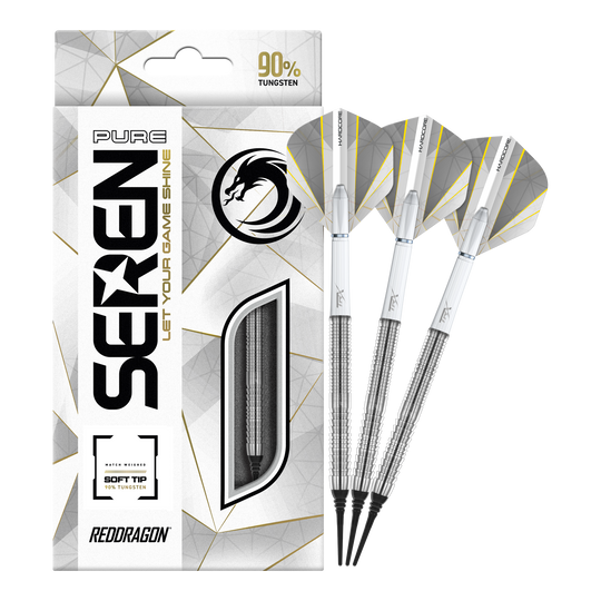Red Dragon Seren 1 Pure Softdarts - 20g Die Abbildung zeigt die "Red Dragon Seren 1 Pure Softdarts - 20g" mit drei silbernen Softdarts. Die Verpackung hebt hervor, dass die Darts zu 90 % aus Tungsten bestehen.