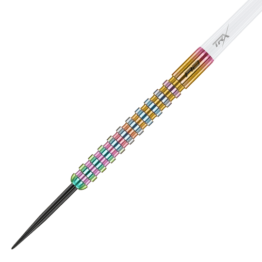 RD2514_Red_Dragon_Javelin_Spectron_Steeldarts_2 Dies ist ein bunter Steeldartpfeil mit einem gerillten Griff. Die Farben wechseln sich in regelmäßigen Abständen entlang des Schafts ab.