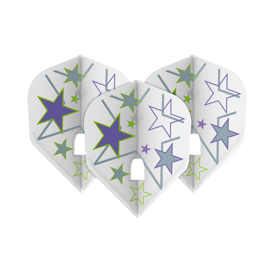 L-Style Ryan Murray V1 White L3PRO Flights Das Bild zeigt drei weiße Dart-Flights mit bunten Sternen in Lila, Grün und Grau. Die Flights sind das Modell "L-Style Ryan Murray V1 White L3PRO".