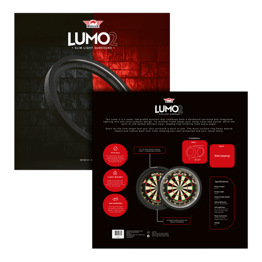 System oświetlenia przestrzennego Bulls NL Lumo 2 Light Das Bild zeigt das Produkt "Bulls NL Lumo 2 Light Surround Beleuchtungssystem" für Dartscheiben. Es kombiniert ein schlankes, rundes LED-Lichtsystem mit einem schützenden Surround für bessere Sicht und Schutz beim Dartspielen.