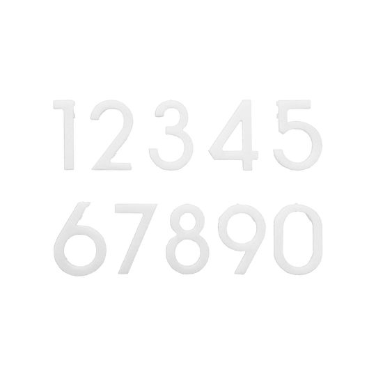 Numery zamienne do tarczy do darta McDart Das Bild zeigt weiße Ersatznummern von 0 bis 9 für eine Dartscheibe. Die Zahlen sind nebeneinander in zwei Reihen angeordnet.