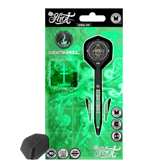 Das Bild zeigt ein Set Shot Alchemy Mythril TurboPoints Steeldarts. Die Darts haben eine strukturierte Oberfläche.