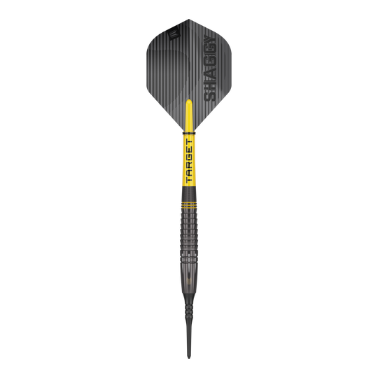 Lotki Target Scott Williams Shaggy Black Soft Darts - 20g Dies ist ein Softdart namens "Target Scott Williams Shaggy Black Softdarts - 20g". Der Dart ist überwiegend schwarz mit gelben Akzenten und hat den Schriftzug "SHAGGY" auf der Flight.