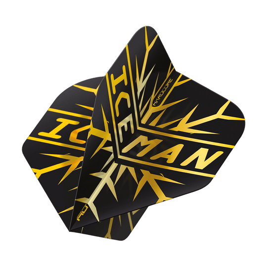 X0808_Red_Dragon_Gerwyn_Price_Hardcore_Flight_Set_3 Das Bild zeigt das Produkt "Red Dragon Gerwyn Price Hardcore Flight Set". Die Flights sind schwarz mit einem goldenen Muster und dem Schriftzug "ICEMAN".