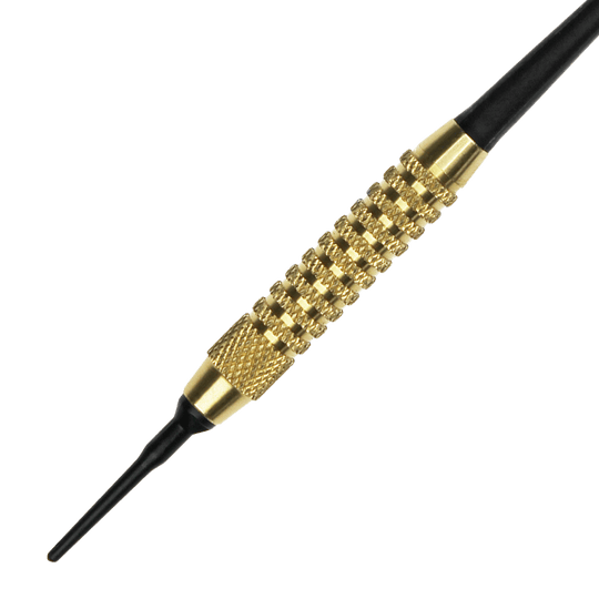 621_Automatenpfeile_Set_2 Das Bild zeigt einen einzelnen Automatenpfeil mit einer goldfarbenen, geriffelten Griffzone und einer schwarzen Spitze. Der Pfeil ist für das Dartspiel an Automaten geeignet.