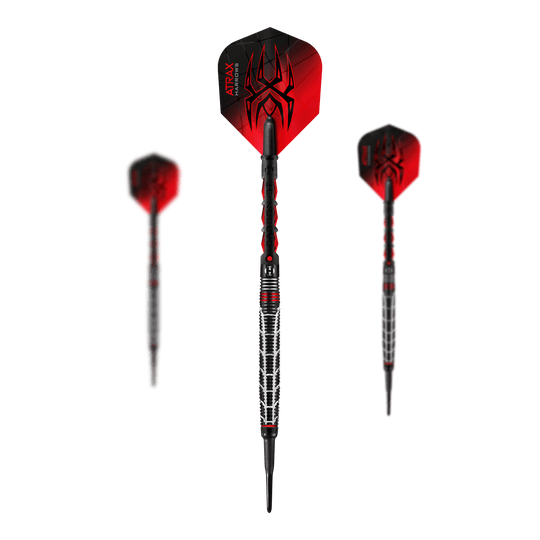 Harrows Atrax Softdarts Das Bild zeigt drei Softdarts mit schwarzem und rotem Design. Auf den Flights ist ein Spinnenmotiv sowie der Schriftzug "ATRAX HARROWS" zu sehen.