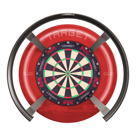 System automatycznego punktowania Target OMNI Das Bild zeigt das Produkt "Target OMNI Auto-Scoring-System", ein innovatives elektronisches System für Dartspiele. Es besteht aus einem Dartboard mit einem kreisförmigen automatischen Punktesystem und einer markanten roten Umrandung.