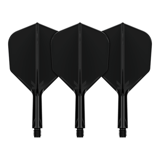 System lotu Target K-Flex No6 - czarny Das Bild zeigt drei schwarze Dart-Flights mit Schaft. Sie sind nebeneinander auf einem schwarzen Hintergrund angeordnet.