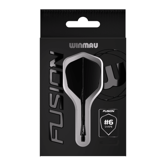 Winmau Fusion Flight Shaft System nr 6 czarny Das Bild zeigt eine Verpackung des Winmau Fusion Flight Shaft Systems in Schwarz. Auf der Verpackung steht, dass es sich um die Form Nummer 6 handelt.