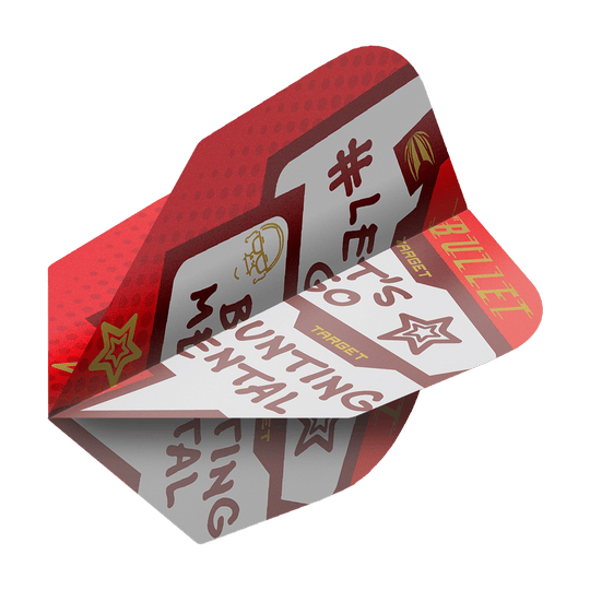 Target Pro Ultra Stephen Bunting Mental No6 Flights - 3 serie Das Bild zeigt ein Set von Target Pro Ultra Stephen Bunting Mental No6 Flights für Dartpfeile. Die Flights sind rot-weiß gestaltet und mit motivierenden Sprüchen und Sternen verziert.