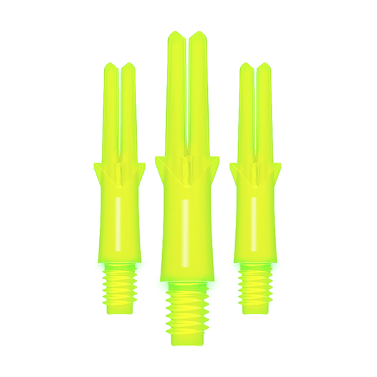 Wałki L-Style z blokadą prostą - neonowożółte Das Bild zeigt drei neon-gelbe, gerade Dart-Schäfte mit Gewinde. Sie sind unterschiedlich lang und stehen nebeneinander aufrecht.