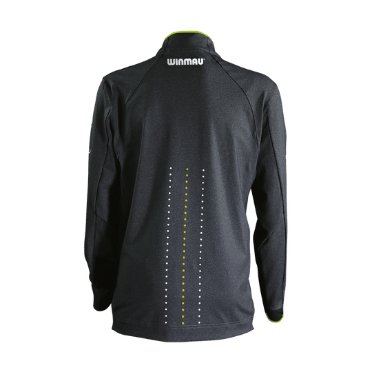 Das Bild zeigt das Winmau Michael Van Gerwen Alpine Dart Top Longsleeve von hinten. Das Oberteil ist schwarz mit weißen und grünen Punktlinien sowie dem "Winmau"-Logo am oberen Rücken.