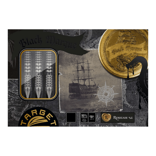 Target Black Marque Renegade 4 Swiss Point Steeldarts Auf dem Bild sind die "Target Black Marque Renegade 4 Swiss Point Steeldarts" zu sehen. Die Verpackung zeigt drei Darts, ein Schiff und eine goldene Münze mit dem Schriftzug "Black Marque".