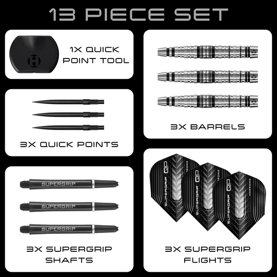Lotki stalowe Harrows Supergrip Torpedo Quick Point Harrows Supergrip Torpedo Quick Point Steeldarts sind auf dem Bild zu sehen. Eine Detailansicht hebt den Produktbereich hervor.