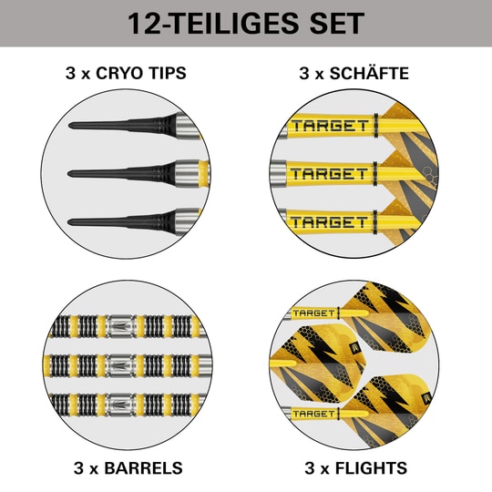 Target Buzz 11 Miękkie rzutki Dies ist ein Bild von Target Buzz 11 Softdarts. Es zeigt ein Set Darts für das Softdartspiel.