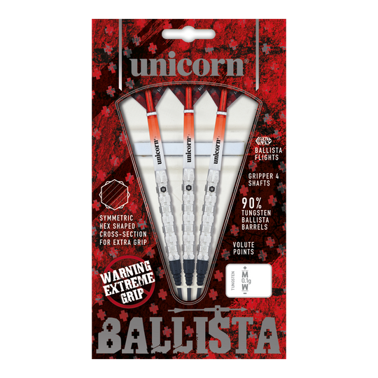 Unicorn Ballista Style 1 miękkie lotki Das Bild zeigt die Verpackung der "Unicorn Ballista Style 1 Softdarts". In der Packung befinden sich drei Softdarts mit weiß-roten Flights und silbernen Griffen.