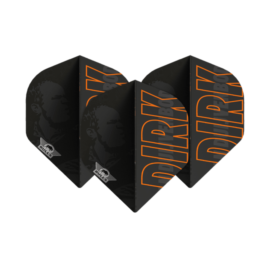 Gracz Bulls NL 100 lotów standardowych Dirk Van Duijvenbode nr 2 Das Bild zeigt schwarze Dartflights mit dem Namen "DIRK" in großen orangefarbenen Buchstaben. Auf den Flights ist außerdem das Logo von Bulls und ein Porträt im Hintergrund zu sehen.