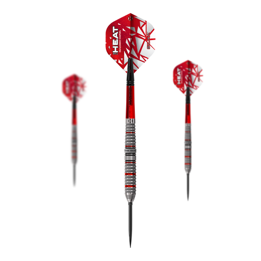 Das Bild zeigt das Set Harrows Damon Heta Series 4 Quick Point Steeldarts. Es eignet sich ideal für ambitionierte Dartspieler und Profis.