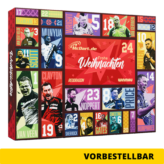 Kalendarz adwentowy McDart Steel Darts 2026 Zu sehen ist der McDart Steel-Darts Adventskalender 2026. Der Kalender bietet Überraschungen für Steeldart-Spieler.