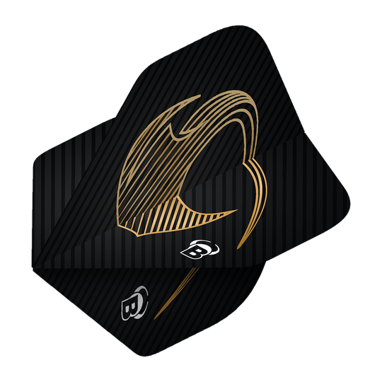 Bulls Metrixx Stingray No2 Standard Flights Das Bild zeigt ein Bulls Metrixx Stingray No2 Standard Flight. Es ist schwarz mit goldenen Linien und einem stilisierten Design.