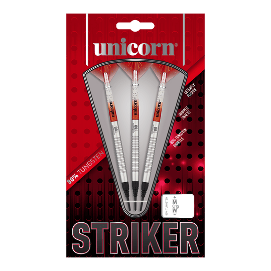 Unicorn Core XL Striker Style 1 Miękkie lotki - 19 g Das Bild zeigt eine Packung der "Unicorn Core XL Striker Style 1 Softdarts - 19g". In der Verpackung befinden sich drei silberfarbene Softdarts mit roten und weißen Details.